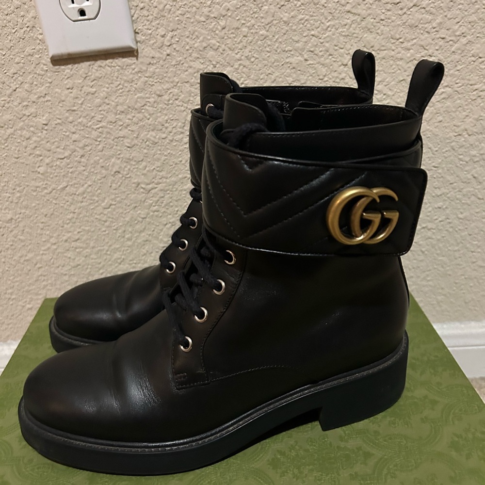 Gucci Black Leather Lace-Up Boots with Gold Accent